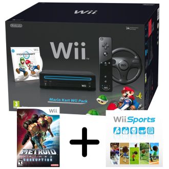   Nintendo Wii konzol (fekete) + Wii Wheel, Wii Remote Plus + Metroid Corruption, Wii Sports (használt)