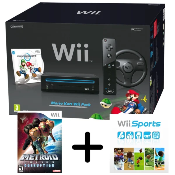 Nintendo Wii konzol (fekete) + Wii Wheel, Wii Remote Plus + Metroid Corruption, Wii Sports (használt)